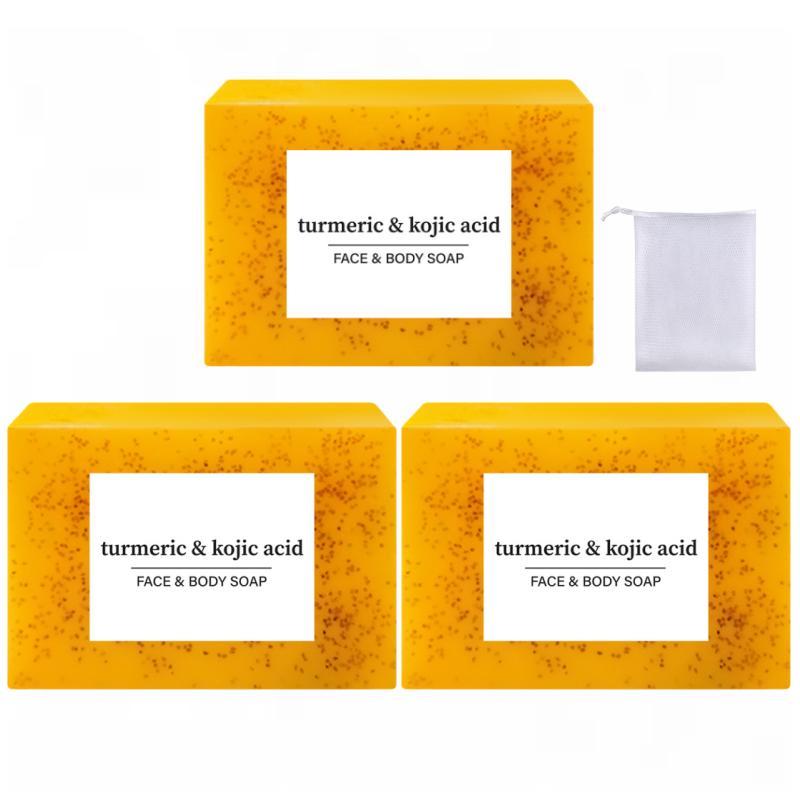 Lemon Turmeric & Kojic Acid Soap Bar for Face & Body Wash, Daily Skin Cleanser Sets for Women & Men, Moisturizing Gentle Kojic Acide Soap with Soap Bags, Christmas Gift