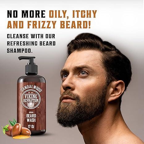 Beard Wash & Beard Conditioner Set w Argan & Jojoba Oils - Softens & Strengthens - Natural Sandalwood Scent - Beard Shampoo w Beard Oil (17 oz)