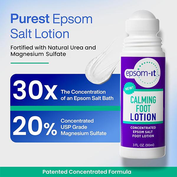 EPSOM-IT Calming Foot Lotion - Roll on Magnesium Sulfate Lotion for Tired Feet & Ankles, Leg Cramps & Achy Feet - Topical Epsom Salt with Urea to Soften Tough Skin and Cracked Heels, 3.0 oz