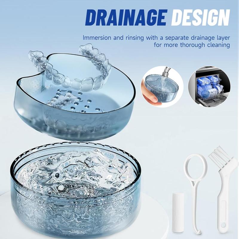 2 in 1 Denture Bath Case Retainer Cleaner Case, Leak Proof Denture Cup Soaking Holder with Brush for Dentures, Mouth Guard, Clear Braces, Night Guard & Retainers (Blue)