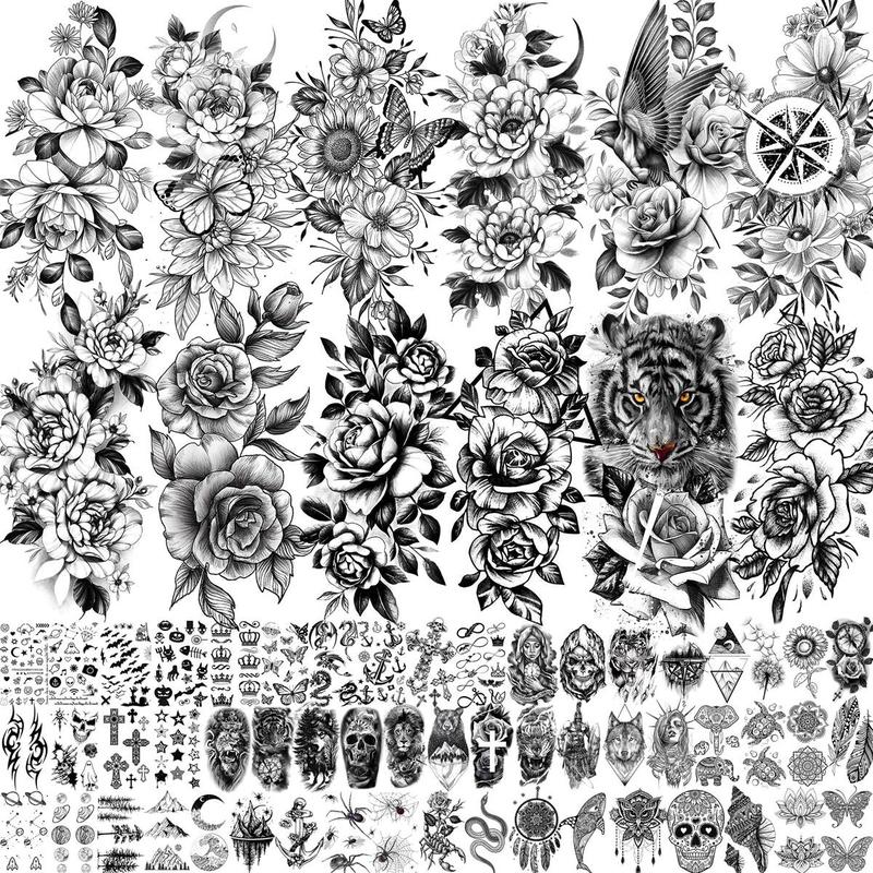 Tiger & Flower & Skull Pattern Temporary Tattoo Sticker, 67pcs Waterproof Fake Tattoo Decals, DIY Body Art Sticker for Women & Men