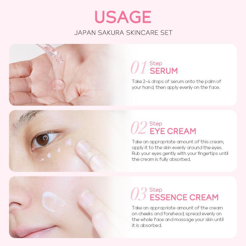 Sakura Facial Skincare Kit, 1 Count Moisturizing Sakura Essence & 1 Brightening Sakura Eye Cream & 1 Soothing Face Cream, Hydrating Skin Care Kit for Women, How To Be Pretty, Christmas Gift