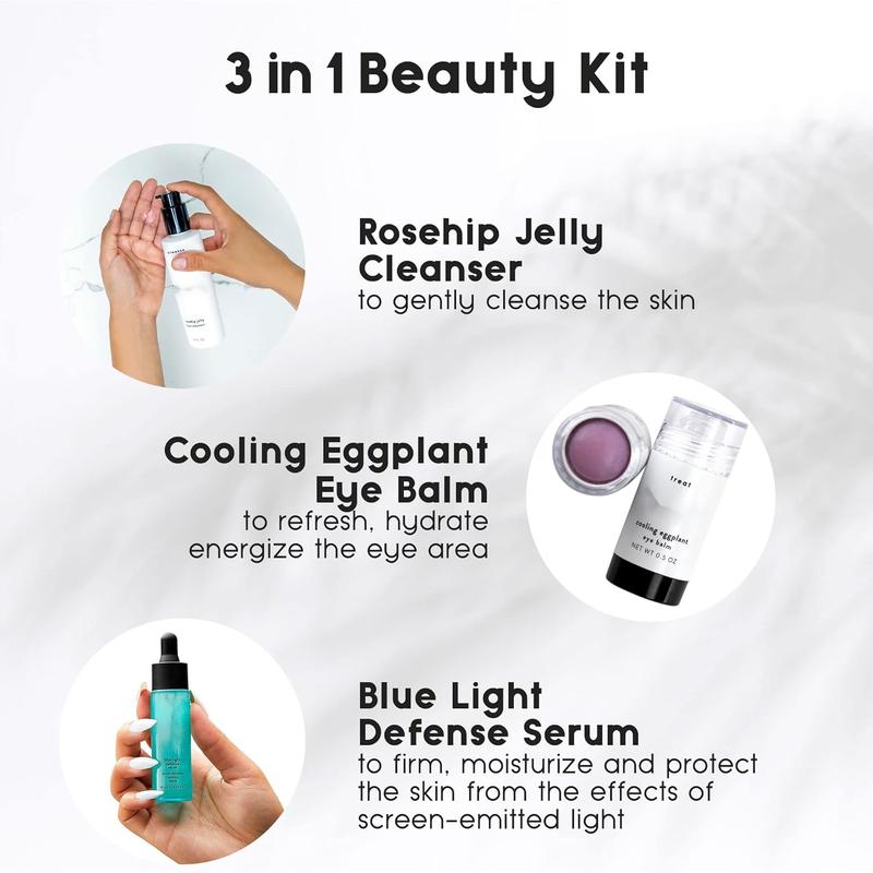 Daily Skincare 3-Piece Kit | Rose Jelly Cleanser, Cooling Eggplant Eye Cream, and Blue Light Defense Serum Set