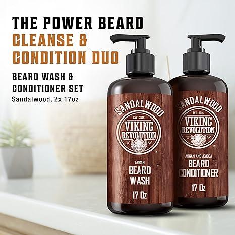 Beard Wash & Beard Conditioner Set w Argan & Jojoba Oils - Softens & Strengthens - Natural Sandalwood Scent - Beard Shampoo w Beard Oil (17 oz)