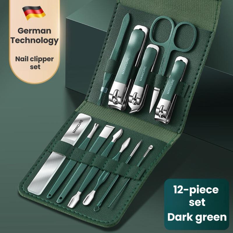 Set of 12 German Technology Clippers, Manicure and pedicure kit for home and travel, Leather wrapped manicure and pedicure kit. Holiday Season Gift.