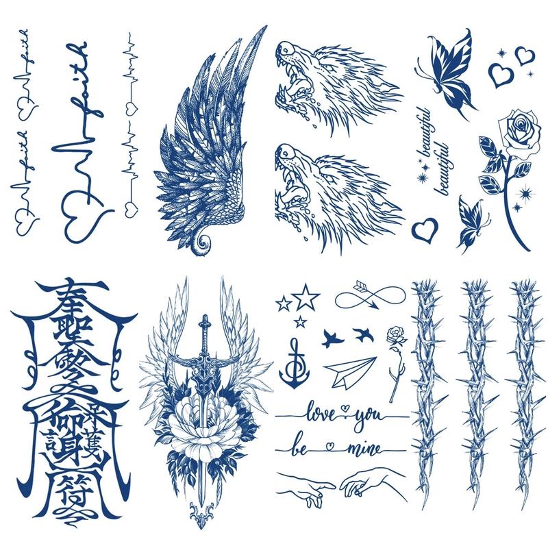 8 sheets Large-Size Realistic Waterproof SemiPermanent Tattoo Stickers,Black Temporary Tattoos Stickers, Forearm Designs Featuring Tribal, Wolf, Tiger, Lion, Owl, Skeleton Skull, Temp Halloween Fake Tattoo Stickers, Rose, and Animals