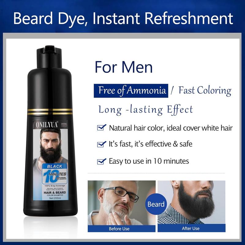 Men's Beard Dye, 3 in 1 Black Beard Dye Shampoo, Simpler Color for Men’s Beard & Mustaches, Long Lasting Gray Reducing Black Beard Color Dye 200 ml