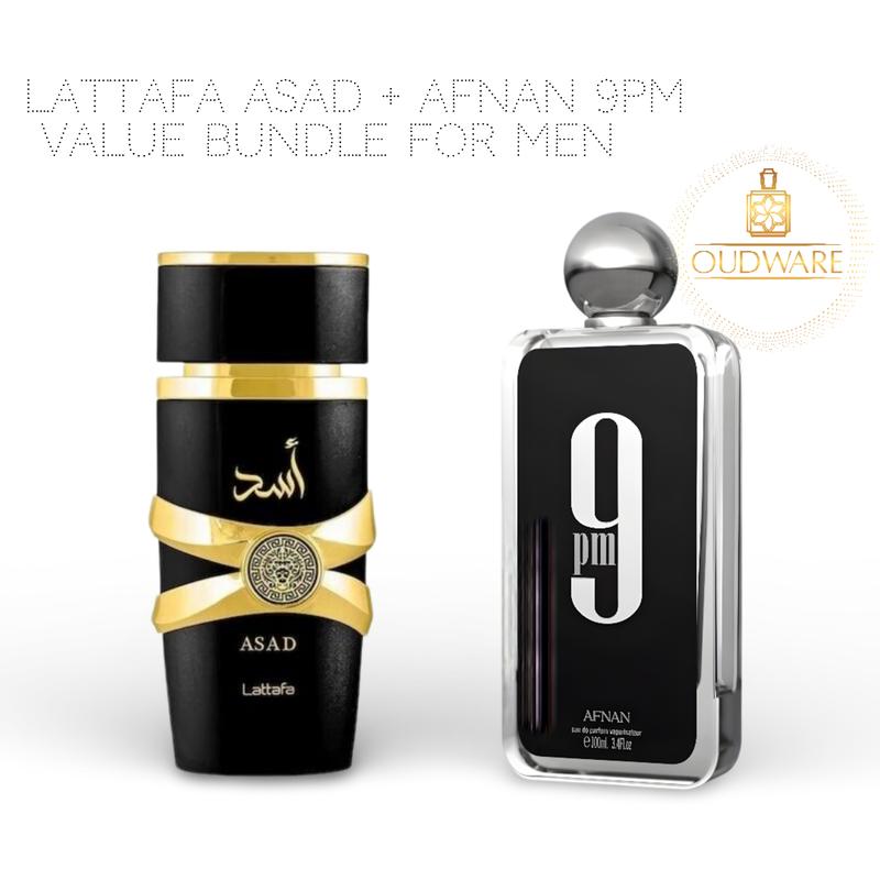 Afnan 9pm + Lattafa Perfumes Asad 100ml (3.4oz) For Men - Fragrance Value Bundle - Fragrance Gift Set For Men