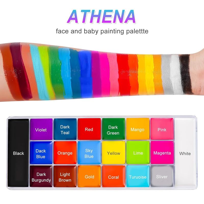 20 Colors Face Body Paint Set-Athena Painting Palette,10 Professional Artist Brush,Large Deep Pan Ideal for Halloween Cosplay Party SFX Arty Stage Makeup