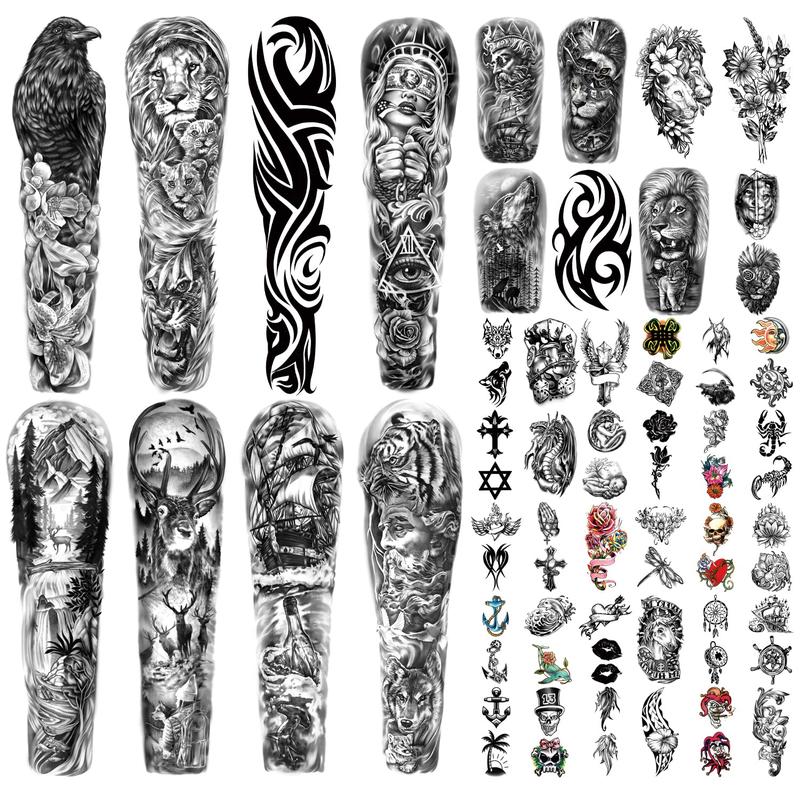 46 Sheets Full Arm Temporary Tattoo Waterproof For Men(L22.8xW7), Fake Tattoos for Women Lion Tiger Clock Flower Skeleton Animals Design, Hand Forearm Shoulder 3D Temporary Tattoos Stickers