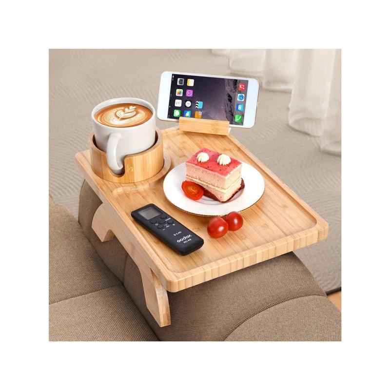 GUOHAI Bamboo Sofa Armrest Caddy With 360° Rotating Phone Stand & Cup Holder, Folding Couch Arm Table Tray For Snacks, Drinks, And Remote Control Access