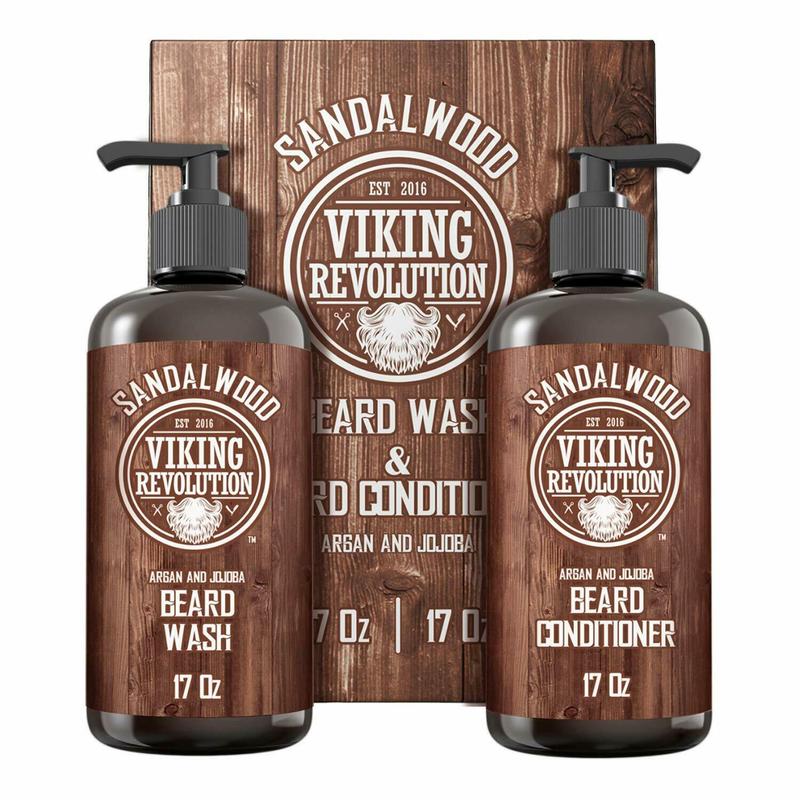 Beard Wash & Beard Conditioner Set w Argan & Jojoba Oils - Softens & Strengthens - Natural Sandalwood Scent - Beard Shampoo w Beard Oil (17 oz)