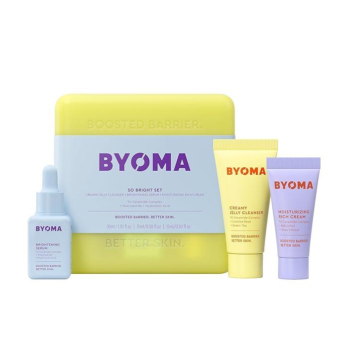 BYOMA So Bright Set - Barrier Repair Skincare Set for Brighter Skin - Creamy Jelly Cleanser, Brightening Face Serum & Ceramide Face Moisturizer - Alcohol Free Skin Care - 30ml, 15ml, 15ml Skin Repair