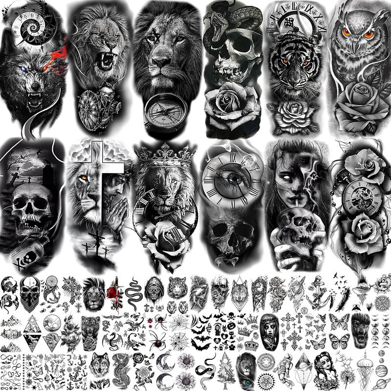 68 Large Half Arm Sleeve Tattoo Stickers for Men and Women Forearms, Tribal Wolf Tiger Lion Owl Skull Temporary Fake Tattoo Stickers Adults