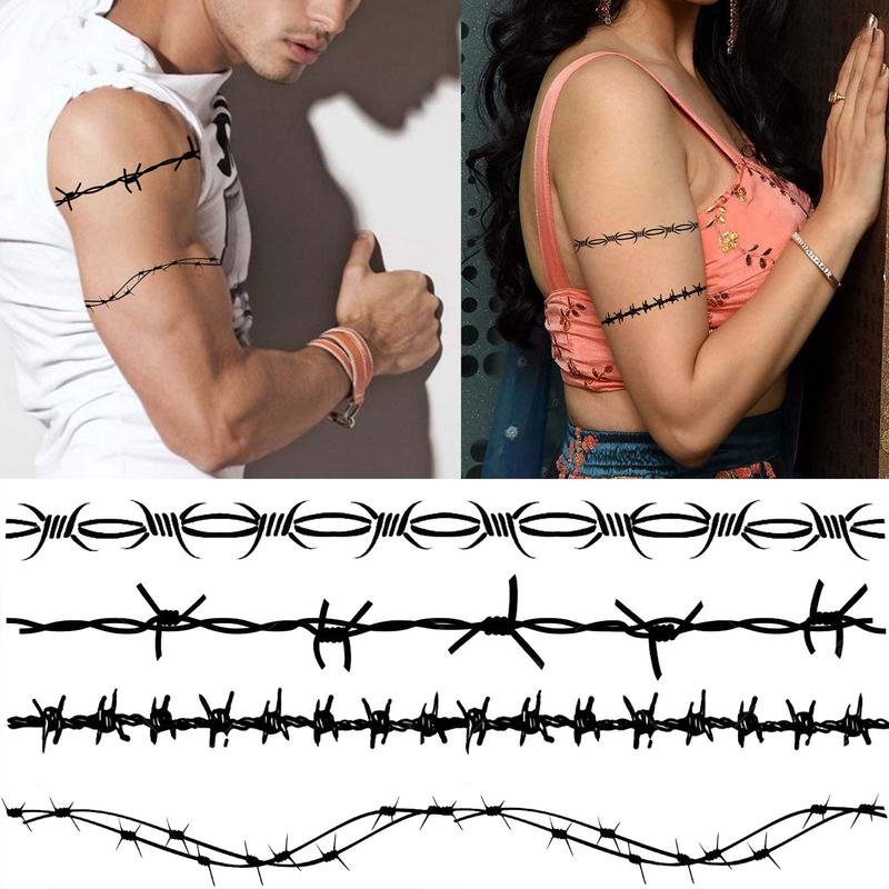 Barbed Wire Temporary Tattoo Sticker, 9 Counts Realistic Black Barb Wire Fake Tattoo Sticker, Body Art Decoration for Women & Men