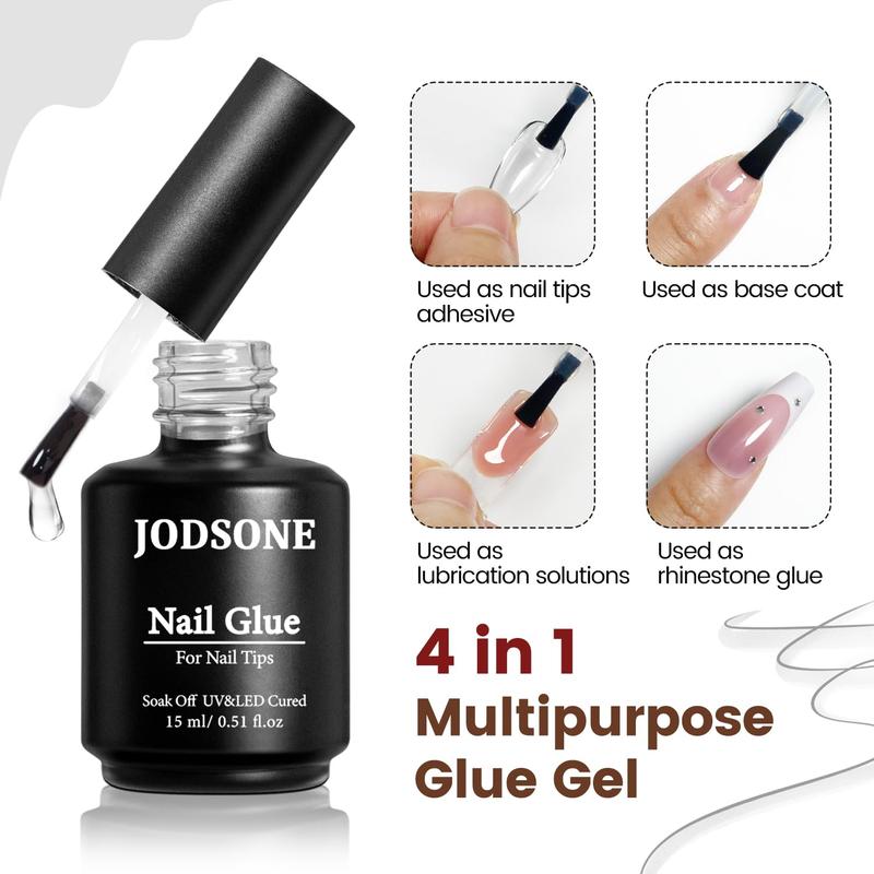 JODSONE 15ml Nail Glue Gel 5 in 1 for Nail Tips Long Lasting Extension Glue for Clear Nail Tips and Clear Press on Nails, Nail Repair Treatment, Salon Art DIY at Home Need U V Light Cured