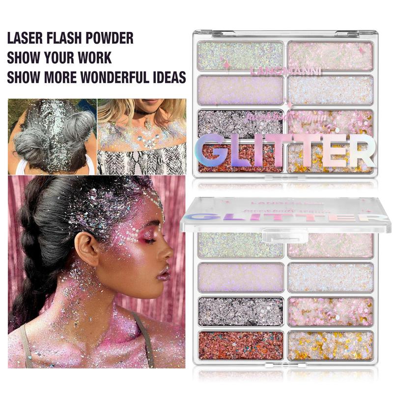 8 Color Body Glitter Palette, 2 Boxes Multi Purpose Makeup Festival Shiny Gel Sequins Palette, Shimmering Facial Makeup Products for Music Party