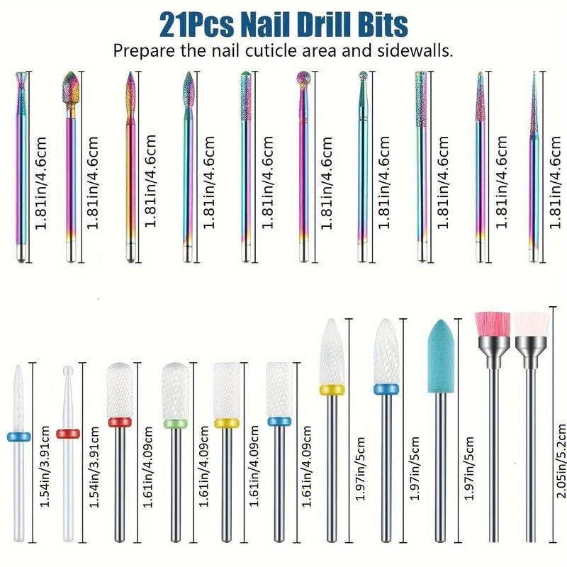 Nail Drill Bits Set with Nail Drill Holder Case, 21pcs set Diamond Cuticle Electric Nail File & Ceramic Acrylic Gel Nail Bit Kit, Manicure Pedicure Tool