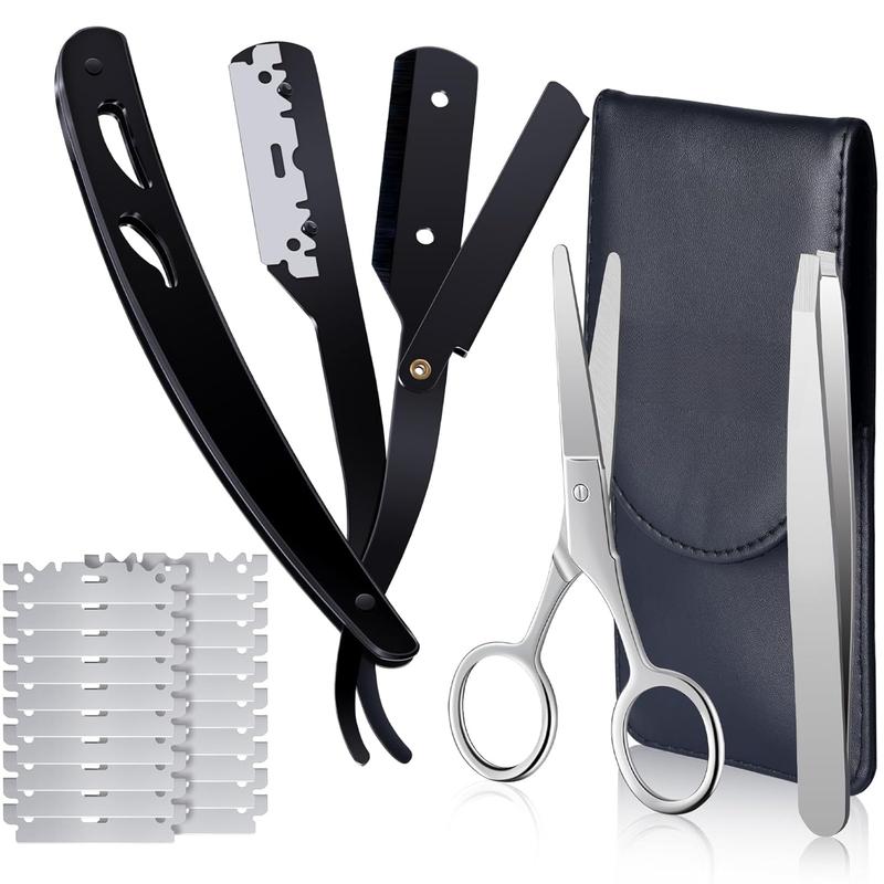 Straight Razor for Men,  Black Straight Edge Razor Kit with 20 count Barber Razor Blades, Leather Case, Scissor, Tweezer