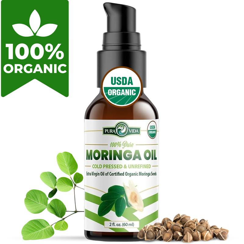 Pura Vida Moringa Oil Organic for Face, Hair, Nails and Dry Skin - USDA Certified Organic