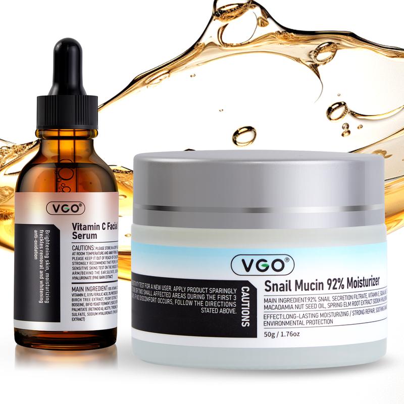 VGO Snail Mucin 92% Moisturizer Daily Face Gel Cream for Dry & Sensitive Skin,Cleanser Moisturizing Skincare,Face Serum,Serum for Women and Men and VGO Vitamin C Facial Serum Essence,30ml 60mlSkin Care Set Comfort Hydrate Moisture Cleansing Skin Repair