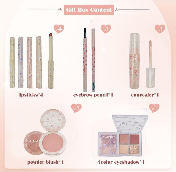 Makeup Kit for Women 8 Pieces Makeup Sets, 4 Color Lipsticks& Eyeshadow, Eyebrow Pencil, Concealer, Blush Palette 8Pcs Gift Box Makeup Bundle Value Set