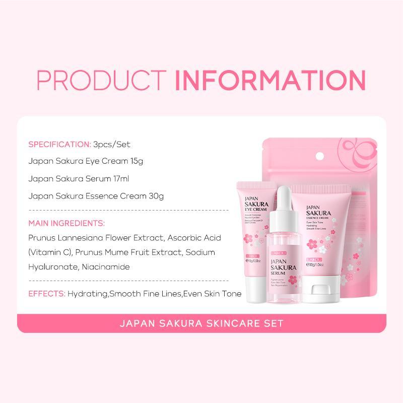 Sakura Facial Skincare Kit, 1 Count Moisturizing Sakura Essence & 1 Brightening Sakura Eye Cream & 1 Soothing Face Cream, Hydrating Skin Care Kit for Women, How To Be Pretty, Christmas Gift