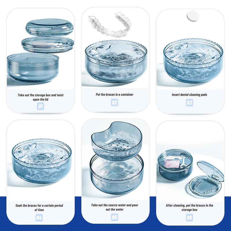 2 in 1 Denture Bath Case Retainer Cleaner Case, Leak Proof Denture Cup Soaking Holder with Brush for Dentures, Mouth Guard, Clear Braces, Night Guard & Retainers (Blue)