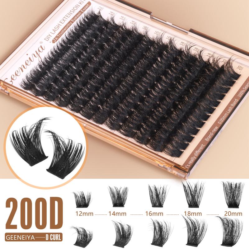 Geeneiya 200D Fluffy Lash Clusters Kit with Lash Bond and Seal, Tweezers for Beginner and Proficient (12-20mm)