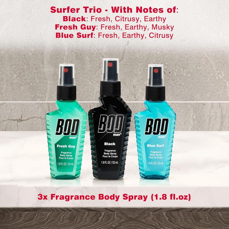 BOD Man Body Spray Holiday Gift Set for Him - 3 Piece Variety Sampler (Black, Fresh Guy, Blue Surf) BOD man