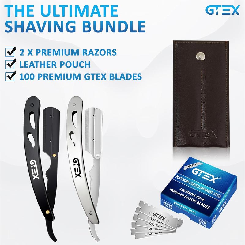 Straight Razors For Men 100 GTEX Barber Razor Blades - 2 Professional Straight Razor Single Blade Razors for Men Navajas Para Barbero Straight Edge Razor Barber Beard Razor Shavette Shaving Razor Kit