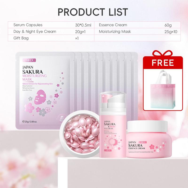 Sakura Skin Care Set (1 Set), Moisturizing Skin Care Kit, Including Eye Cream, Face Cream, Serum Capsules, Face Mask, Skin Care Product for Women