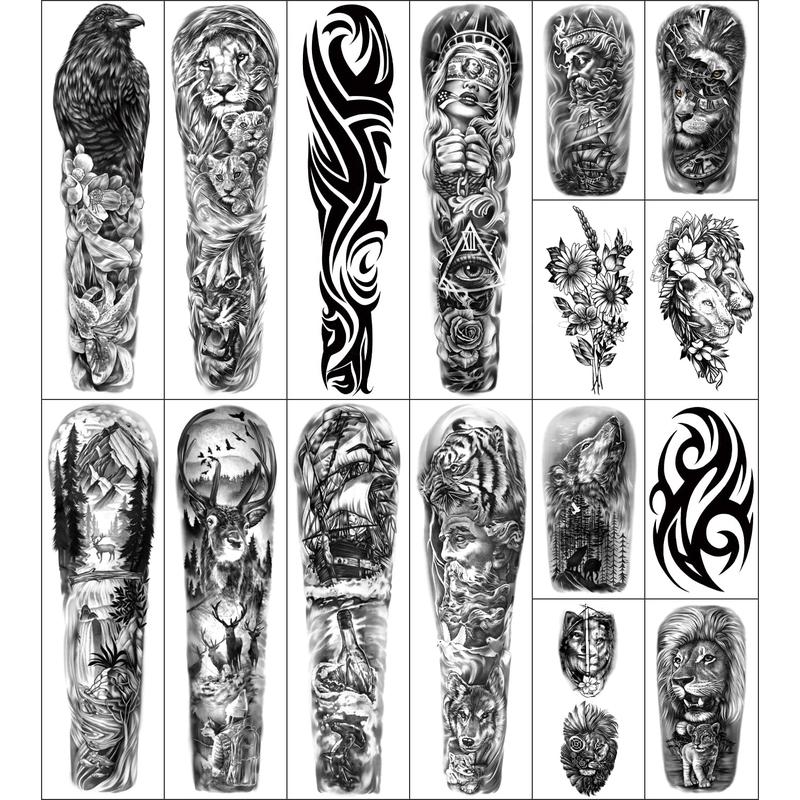 46 Sheets Full Arm Temporary Tattoo Waterproof For Men(L22.8xW7), Fake Tattoos for Women Lion Tiger Clock Flower Skeleton Animals Design, Hand Forearm Shoulder 3D Temporary Tattoos Stickers