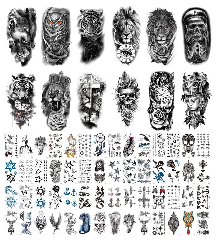 68 Sheets Large-Size Black Temporary Tattoos Stickers,Forearm Designs Featuring Tribal, Wolf, Tiger, Lion, Owl, Skeleton Skull, Temp Halloween Fake Tattoo Stickers, Rose, and Animals