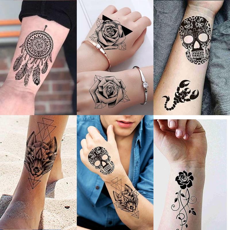 68 Sheets Large-Size Black Temporary Tattoos Stickers,Forearm Designs Featuring Tribal, Wolf, Tiger, Lion, Owl, Skeleton Skull, Temp Halloween Fake Tattoo Stickers, Rose, and Animals