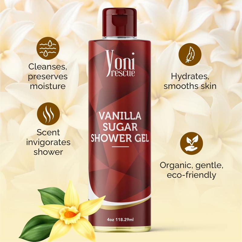 Vanilla Sugar Body & Bath Care Set- Shower Gel(4oz),  Body Essential Oil(4oz) 100% All Natural with Sugar Scrubs(8oz) by Yoni Rescue