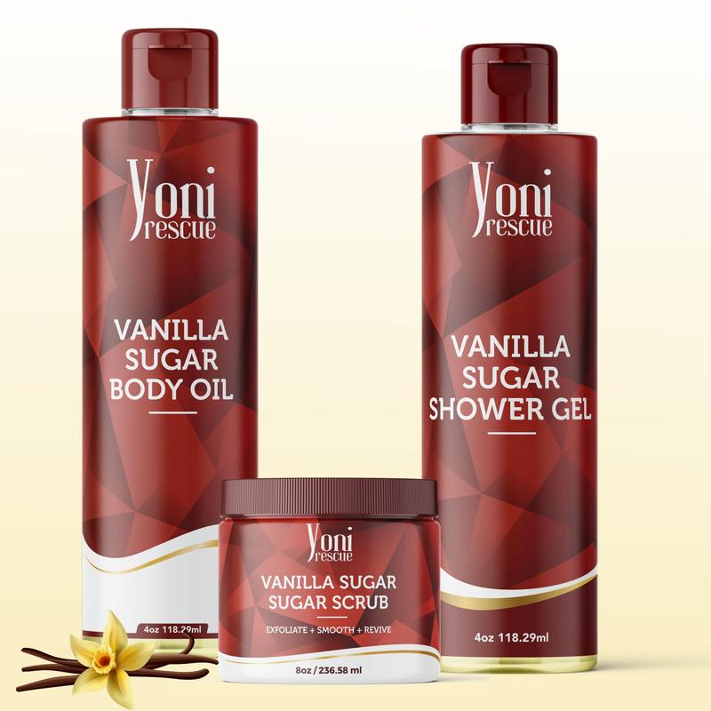 Vanilla Sugar Body & Bath Care Set- Shower Gel(4oz),  Body Essential Oil(4oz) 100% All Natural with Sugar Scrubs(8oz) by Yoni Rescue