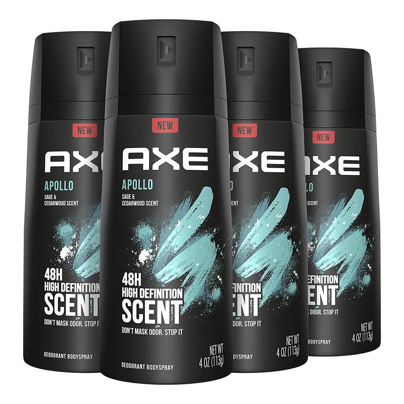 AXE Apollo Body Spray Deodorant for Long-Lasting Odor Protection, Sage & Cedarwood Deodorant for Men Formulated without Aluminum 4 Ounce (Pack of 4) Unilever