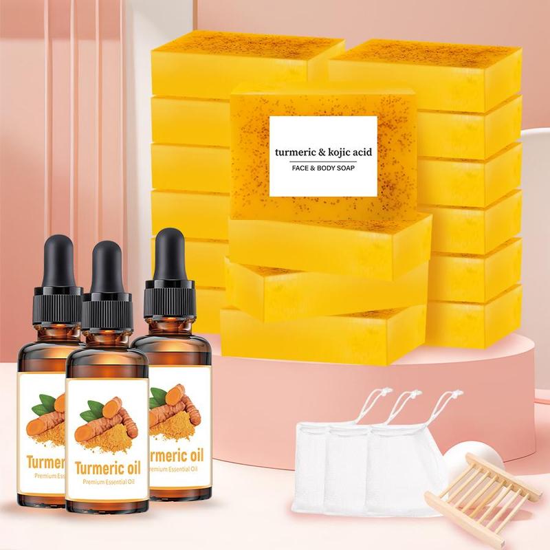 Turmeric Skincare Set, 1 Set Turmeric Kojic Acid Soap & Turmeric Oil & Soap Dish & Soap Bag, Body Care for Women & Men