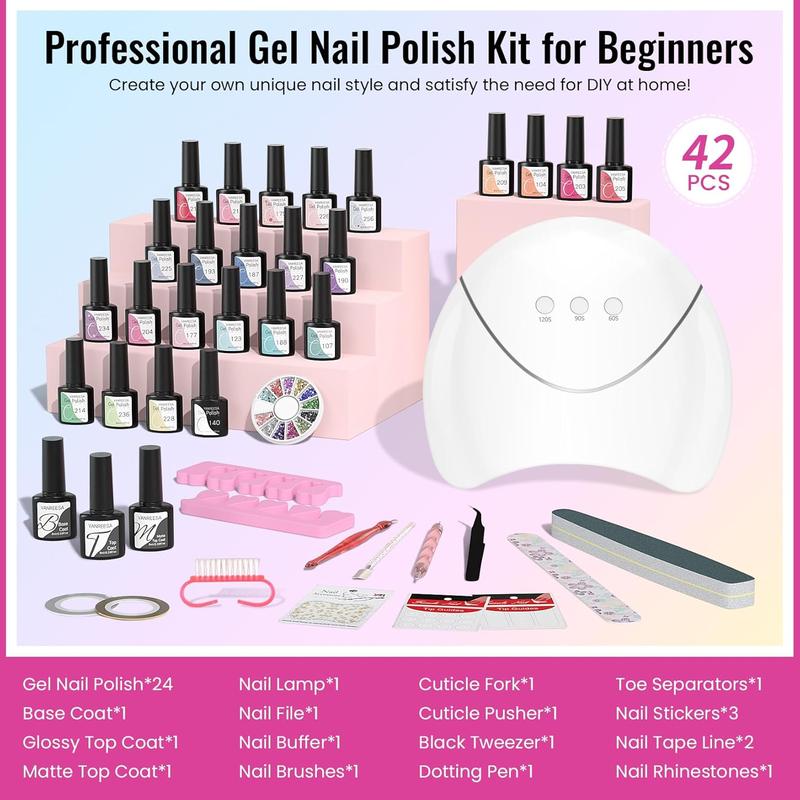 42 Pcs Gel Nail Polish Kit with U V Light 24 Popular Colors Gel Nail Polish Set Green Blue Purple Pink Orange Complete Gel Nail Kit with Manicure Tools Gifts for Women DIY at Home