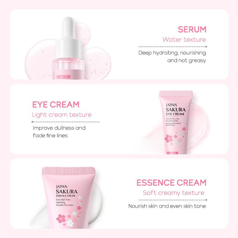 Sakura Facial Skincare Kit, 1 Count Moisturizing Sakura Essence & 1 Brightening Sakura Eye Cream & 1 Soothing Face Cream, Hydrating Skin Care Kit for Women, How To Be Pretty, Christmas Gift