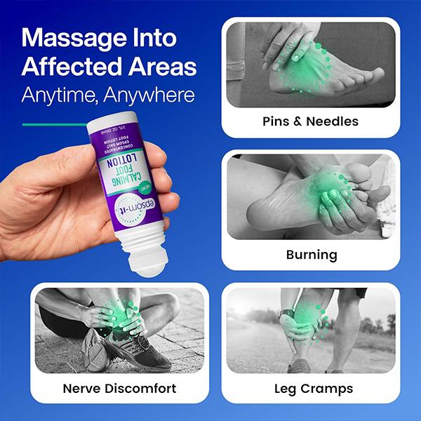 EPSOM-IT Calming Foot Lotion - Roll on Magnesium Sulfate Lotion for Tired Feet & Ankles, Leg Cramps & Achy Feet - Topical Epsom Salt with Urea to Soften Tough Skin and Cracked Heels, 3.0 oz