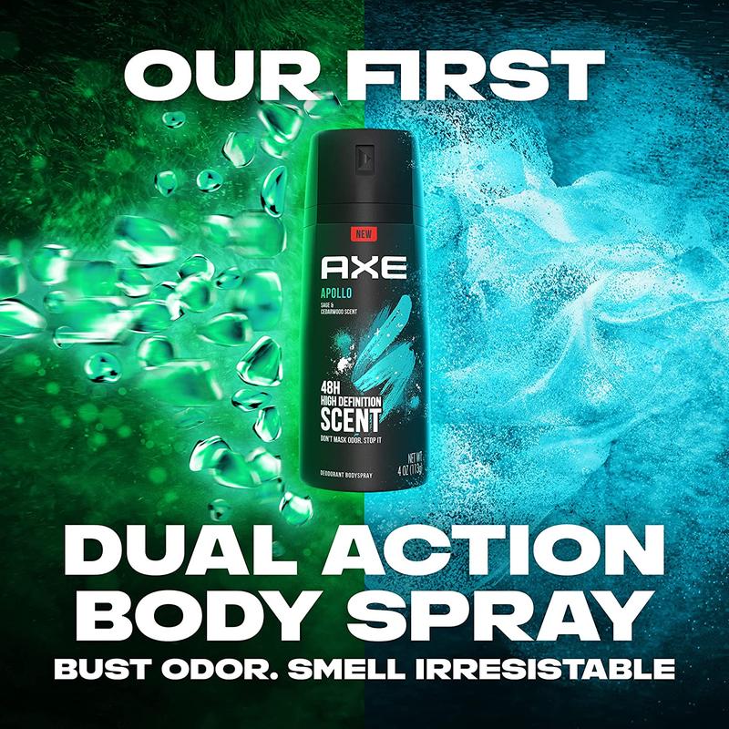 AXE Apollo Body Spray Deodorant for Long-Lasting Odor Protection, Sage & Cedarwood Deodorant for Men Formulated without Aluminum 4 Ounce (Pack of 4) Unilever