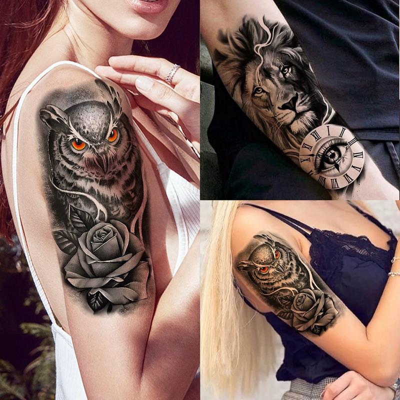 68 Sheets Large-Size Black Temporary Tattoos Stickers,Forearm Designs Featuring Tribal, Wolf, Tiger, Lion, Owl, Skeleton Skull, Temp Halloween Fake Tattoo Stickers, Rose, and Animals