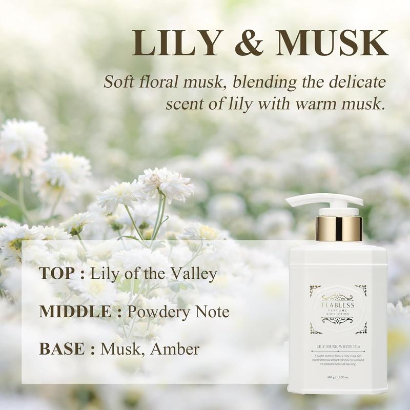 Perfume Body Lotion for Women Lily Musk White Tea (16.93oz 480ml) - Hydrating Vegan Moisturizer for Sensitive Dry Skin - Korean Skin Care - Gentle, Soothing, Non-Greasy, Fragrance, Floral Musk Scent