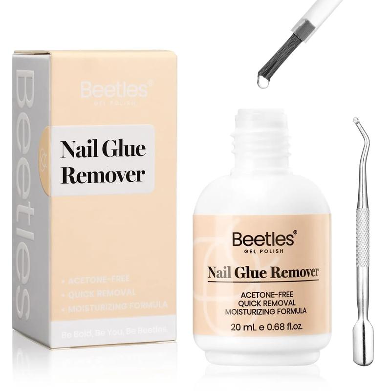 Beetles Nail Glue Remover Glue 20ml for False Nails, Press on Nails Glue Remover for Fake Nail Tips Acrylic Nail Adhesive Remover with Cuticle Pusher, Not for Uv Gel Glue or Gel Polish