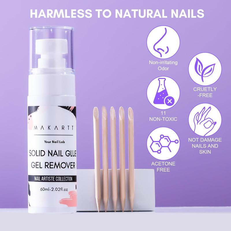 Makartt Nail Glue Remover for Halloween's Press on Nails, 60ML Gentle Glue Remover for Solid Nail Glue Gel Non-Acetone Press on Nail Remover for Nail Tips, Nail Polish Remover with 5pcs Wooden Sticks