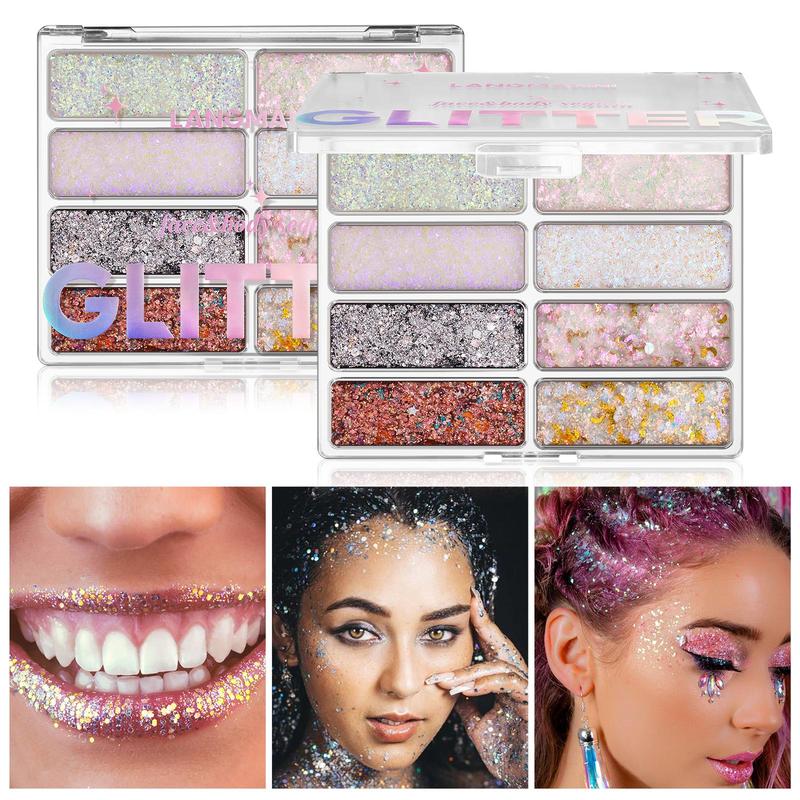 8 Color Body Glitter Palette, 2 Boxes Multi Purpose Makeup Festival Shiny Gel Sequins Palette, Shimmering Facial Makeup Products for Music Party