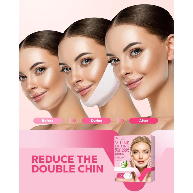 FairyFace V Line Lifting Mask, 5 Count  Chin Reducer, Lifting Hydrogel Collagen Mask with Aloe Vera and Seaweed, Hydrating and Anti-aging, Creating a V-shaped Face  of Vitality