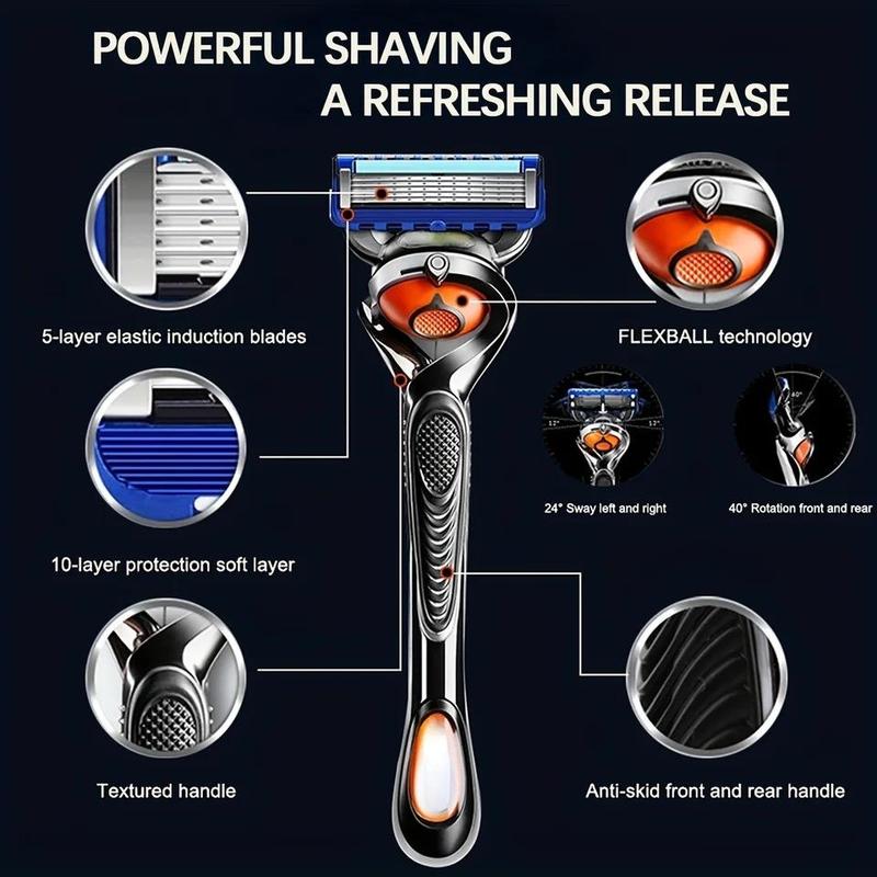 5 Layers Stainless Steel Safety Razor Set, 1 Set Professional Manual Razor Holder & Blades, Durable Replaceable Blades for Men, Christmas Gift